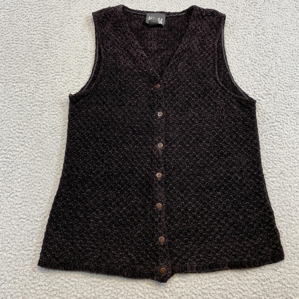 Eileen Fisher Sweater Vest Womens Small Brown Black Button Front Textured Rayon